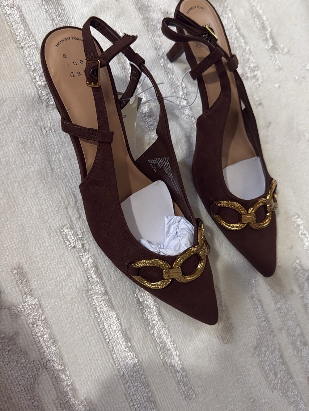 a new day Dark Brown Pointed Slingback Heels with Gold Chain Detail